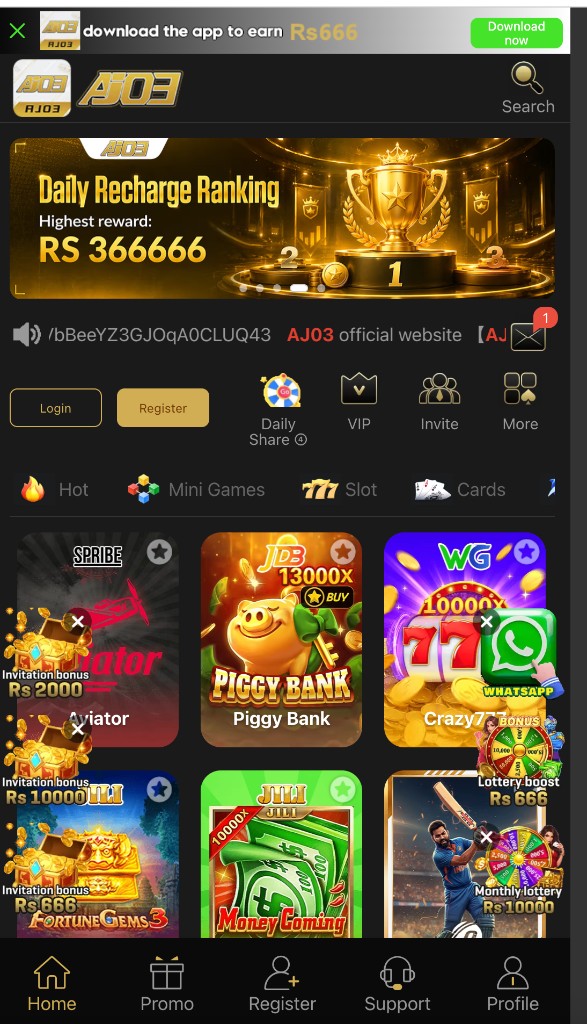 AJ03 Game home screen Pakistan — slots, Aviator, recharge ranking banner